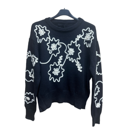 Pull col rond broderie en relief noir