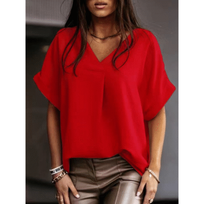 Top en col v manches courtes rouge
