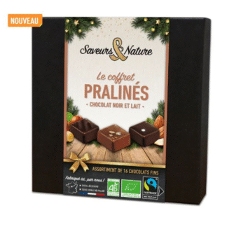 Coffret assortiment de 16 pralinés enrobés de chocolat noir et lait bio