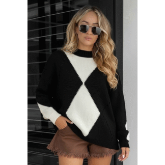 Pull oversize motifs losanges – maille douce col rond noir