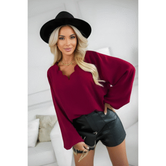 Blouse fluide col festonné manches longues bordeaux