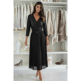 Robe longue plissée à sequins avec ceinture - noir