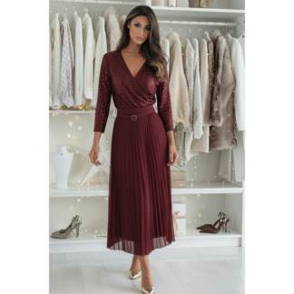 Robe longue plissée à sequins avec ceinture - bordeaux
